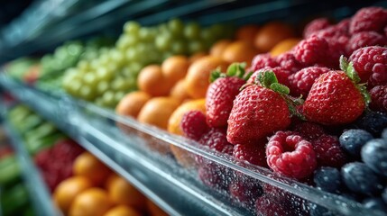 Fresh and Vibrant Fruit Display on Retail Shelves in a Modern Supermarket