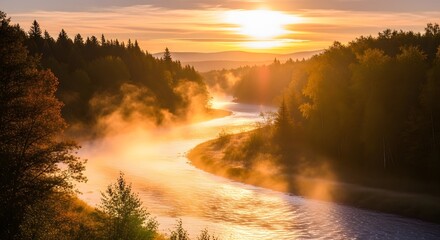Misty River at Sunrise with Forest Landscape.