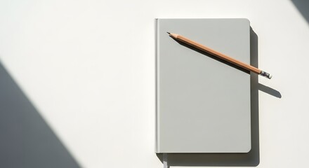 Minimalist flat lay of a grey notebook and pencil under bright sunlight with shadows.
