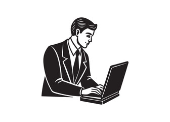 Professional Businessman Working at Desk, Simple Black Silhouette Icon, Modern Minimalist Style.