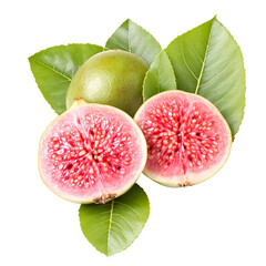 Fresh ripe green figs with vibrant pink pulp and green leaves, one whole and one sliced in half, isolated on a clean white background