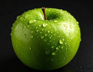 Fresh green apple with water droplets on black background showcasing its vibrant color