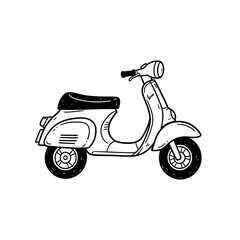 Vintage scooter illustration, classic design, black and white sketch.