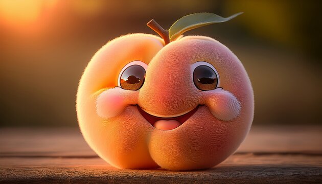 Smiling peach character with a cheerful expression in a warm sunset glow