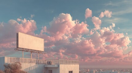 Minimal elevated billboard mockup on rooftop with cloudy sky background for advertising and marketing purposes