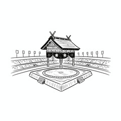 A black and white sketch of a traditional Japanese Sumo wrestling arena.