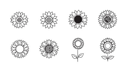 Collection of eight detailed black and white sunflower illustrations in silhouette