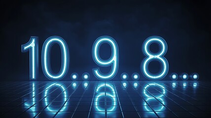 Dramatic neon countdown numbers 10 9 8 light up a futuristic dark studio reflecting on a tiled floor