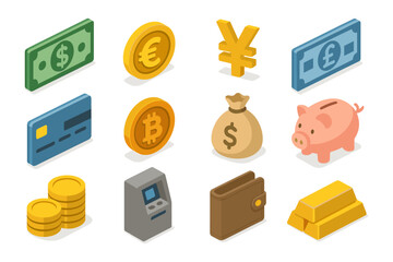 Isometric money and currency icons: wallets, coins, atm, and more for financial themes