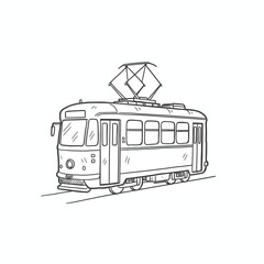 A vintage-style streetcar illustration, detailed line drawing of a classic tram.