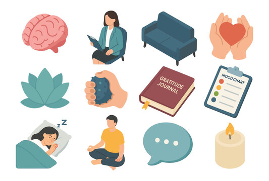 Mental health and wellness: isometric icons for relaxation and mindfulness