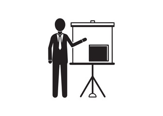 Businessman Presenting on Flip Chart; Simple Black Silhouette Icon; Corporate Presentation Graphic.