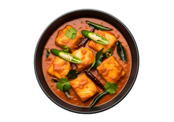 A bowl of spicy, flavorful curry featuring cubes of paneer, garnished with vibrant green chilies, curry leaves, and red chilies.