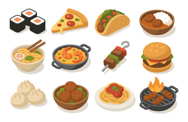 Isometric international cuisine collection featuring popular dishes