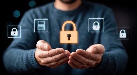 Man's hands holding a digital lock icon