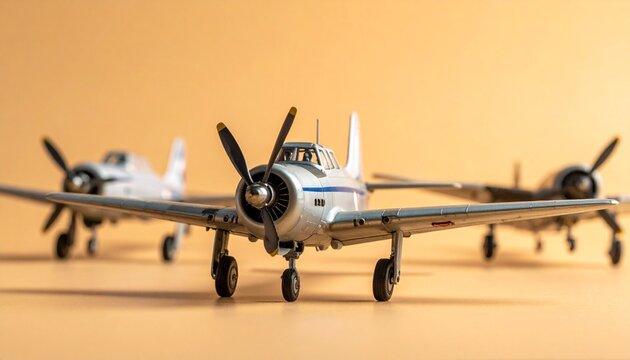 Vintage model airplanes in formation on orange — nostalgic aviation, crafted memory, heroic tribute.