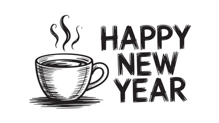 Happy New Year greeting card with a cup of hot coffee
