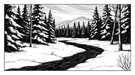 Snowy Forest and River Landscape Coloring Book Style Winter Scene Mountain Background Black and White Outline Line Art Drawing
