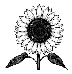 Fototapeta premium Beautiful Sunflower Botanical Black and White Outline Line Art Drawing with Detailed Petals and Leaves