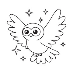 Cute Kawaii Owl in Flight with Stars Outline Drawing bird cartoon