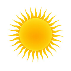  bright symmetrical sun icon with curved flame rays, vibrant yellow center, dynamic daylight symbol for weather, energy, warmth, and artistic design
