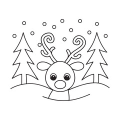 Cute Reindeer Face with Snow and Trees Outline cartoon