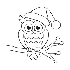 Cute cartoon owl wearing a Santa hat perched on a branch in black and white outline bird christmas