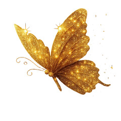  golden butterfly with sparkling wings, shimmering texture, glowing light points, elegant flight pose, magical fantasy insect for decorative and artistic use