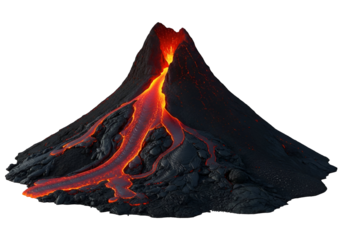 A dramatic volcano erupting, displaying molten lava flows against a stark black background.
