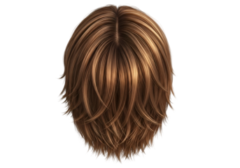 A detailed digital rendering of short, layered brown hair against a dark background.