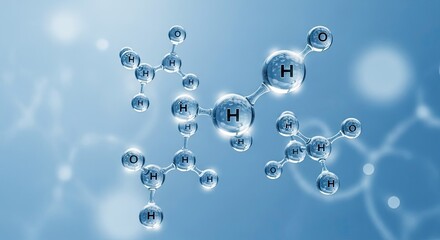 Molecular structures with atoms and bonds on a blue background.