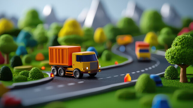 Colorful toy truck drives along winding road in vibrant landscape filled with trees and mountains, creating playful scene