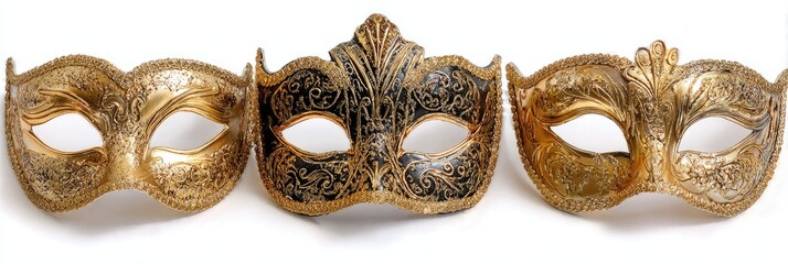 Three ornate gold and black Venetian masks