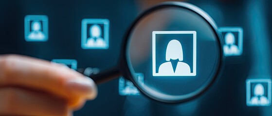 Magnifying glass focusing on a digital profile of a woman