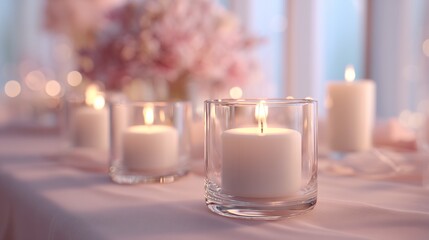 Row of White Pillar Candles in Glass Holders on Pastel Wedding Table, Close Up with Soft Bokeh