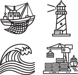 Maritime Line Art Icons: Fishing Boat, Lighthouse, Ocean Wave, and Port Scene