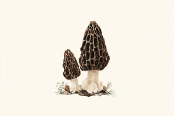 Obraz premium Hand-Drawn Morel Mushrooms in Ink and Watercolor – Minimalist Botanical Illustration on White Background
