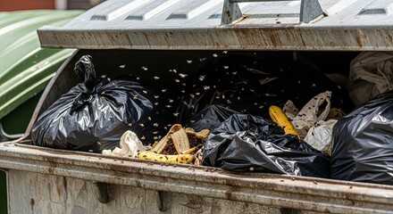 Swarm of flies around an open dumpster filled with black trash bags and waste.