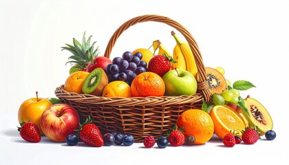 Abundant Basket of Fresh Colorful Fruits on White Background Still Life Composition