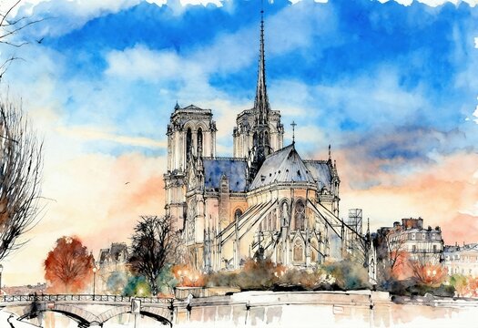 Aquarelle de Notre-Dame de Paris avec ses tours gothiques et sa fl&egrave;che