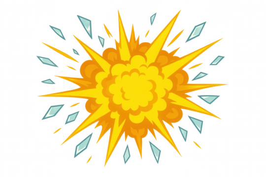 Cartoon explosion with debris on a transparent background, perfect for adding a dramatic effect to designs