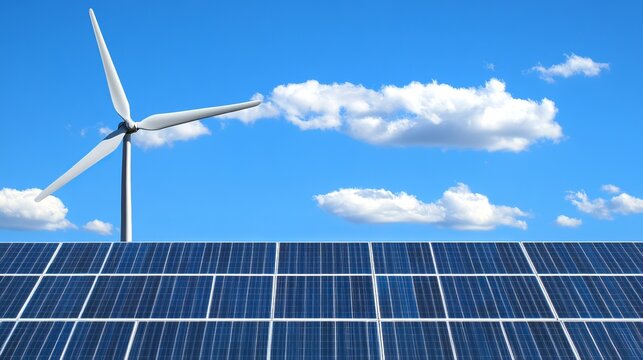 Wind turbine and solar panels against a clear blue sky