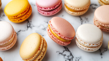 Colorful Assorted French Macarons on Marble Surface
