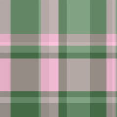 A modern, vibrant tartan plaid pattern with pink, green,  beige tones. Its a seamless background ideal for textiles, fashion, or graphic design projects.