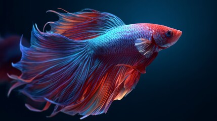 Fototapeta premium A vibrant betta fish with flowing fins swims gracefully in a dark aquatic environment. The fish displays a mix of red and blue colors, showcasing its beauty.