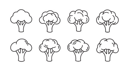 Collection of eight stylized broccoli florets in a simple outline silhouette