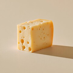 A pale yellow block of Swiss cheese, speckled with small, evenly distributed holes, sits on a light beige background, casting a subtle shadow