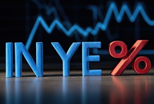 Blue "IN YE" text with red percentage sign, financial chart background