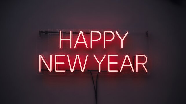 Vibrant red neon sign glows 'Happy New Year' in a modern, stylish setting perfect for festive celebrations and event promotion