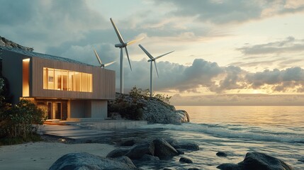 Modern coastal home with wind turbines at sunset